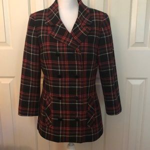 CAbi Manhattan plaid blazer. Double breasted with belt detail and vents at back